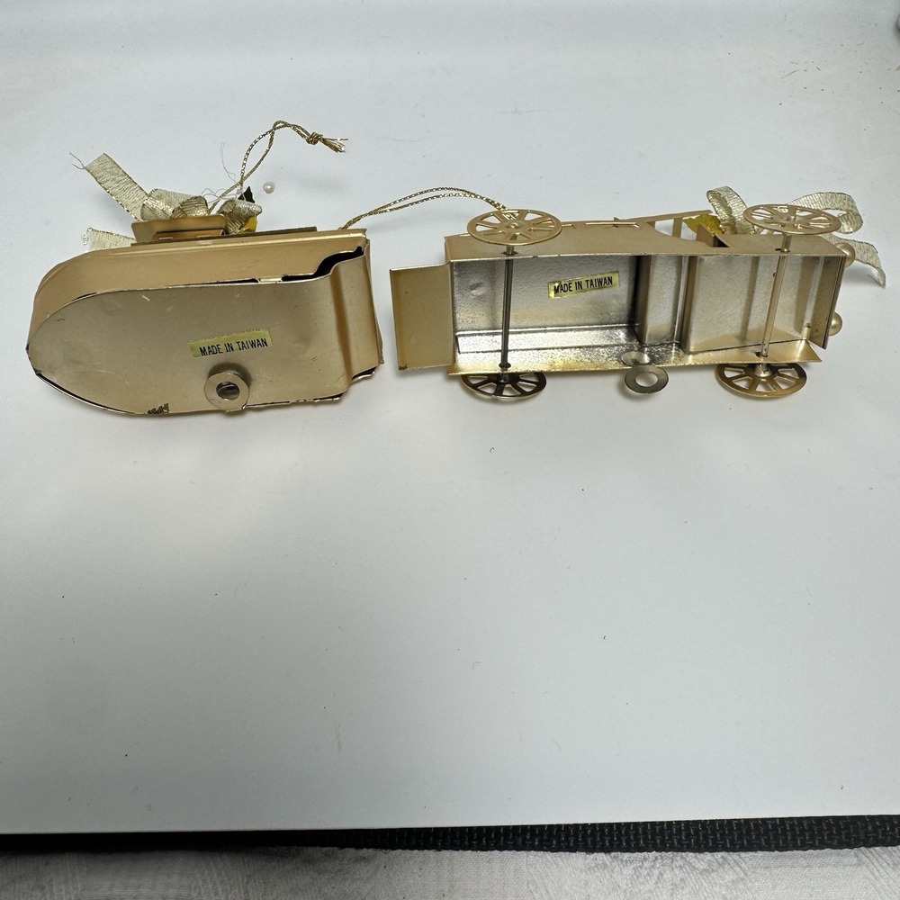 Vintage Gold Toned Metal Christmas Ornaments Featuring A Fire Truck And Boat - Picture 5 of 16